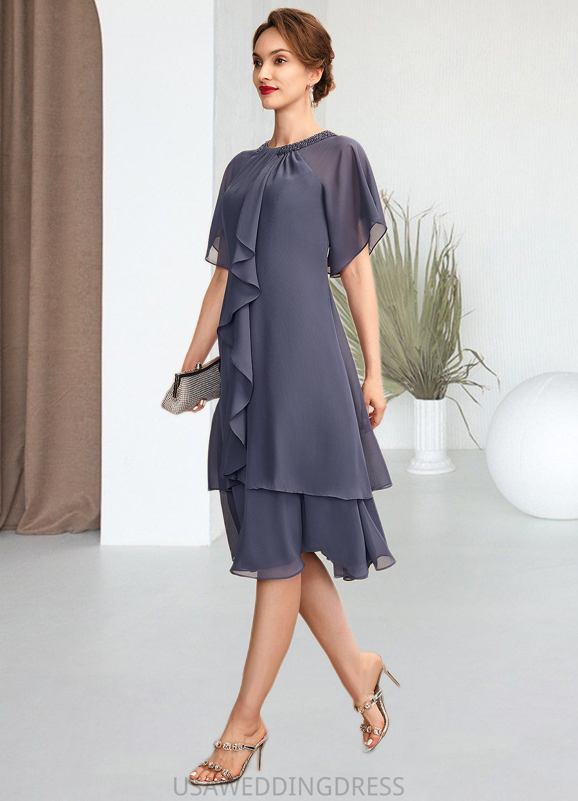 Aubrey A-Line Scoop Neck Knee-Length Chiffon Mother of the Bride Dress With Beading Sequins Cascading Ruffles DS126P0014993