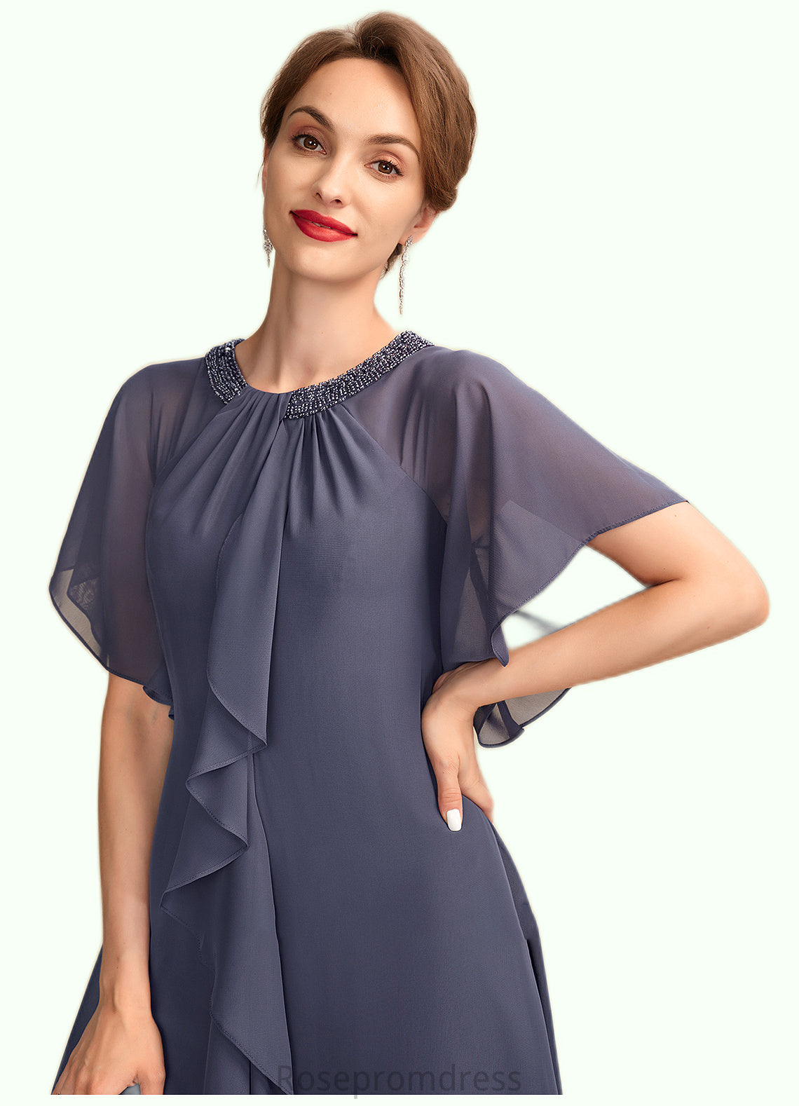 Shyann A-Line Scoop Neck Knee-Length Chiffon Mother of the Bride Dress With Beading Sequins Cascading Ruffles SRS126P0014993