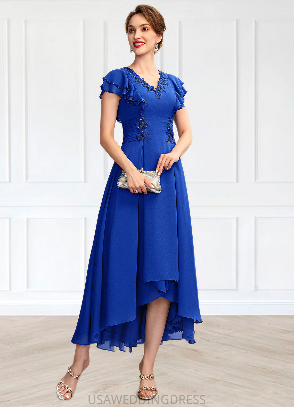 Jaylee A-Line V-neck Asymmetrical Chiffon Mother of the Bride Dress With Beading Appliques Lace Sequins Cascading Ruffles DS126P0014994