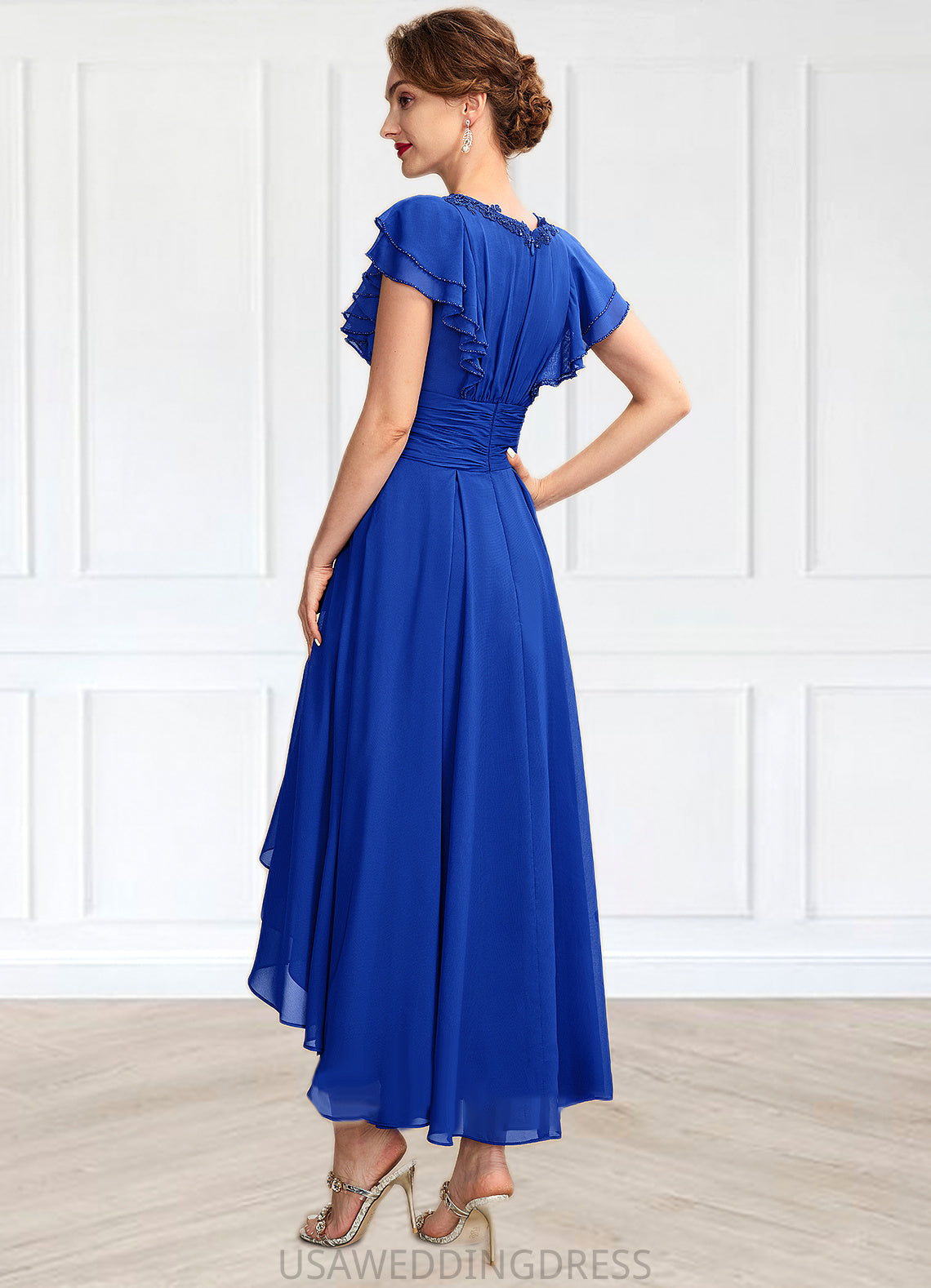 Jaylee A-Line V-neck Asymmetrical Chiffon Mother of the Bride Dress With Beading Appliques Lace Sequins Cascading Ruffles DS126P0014994
