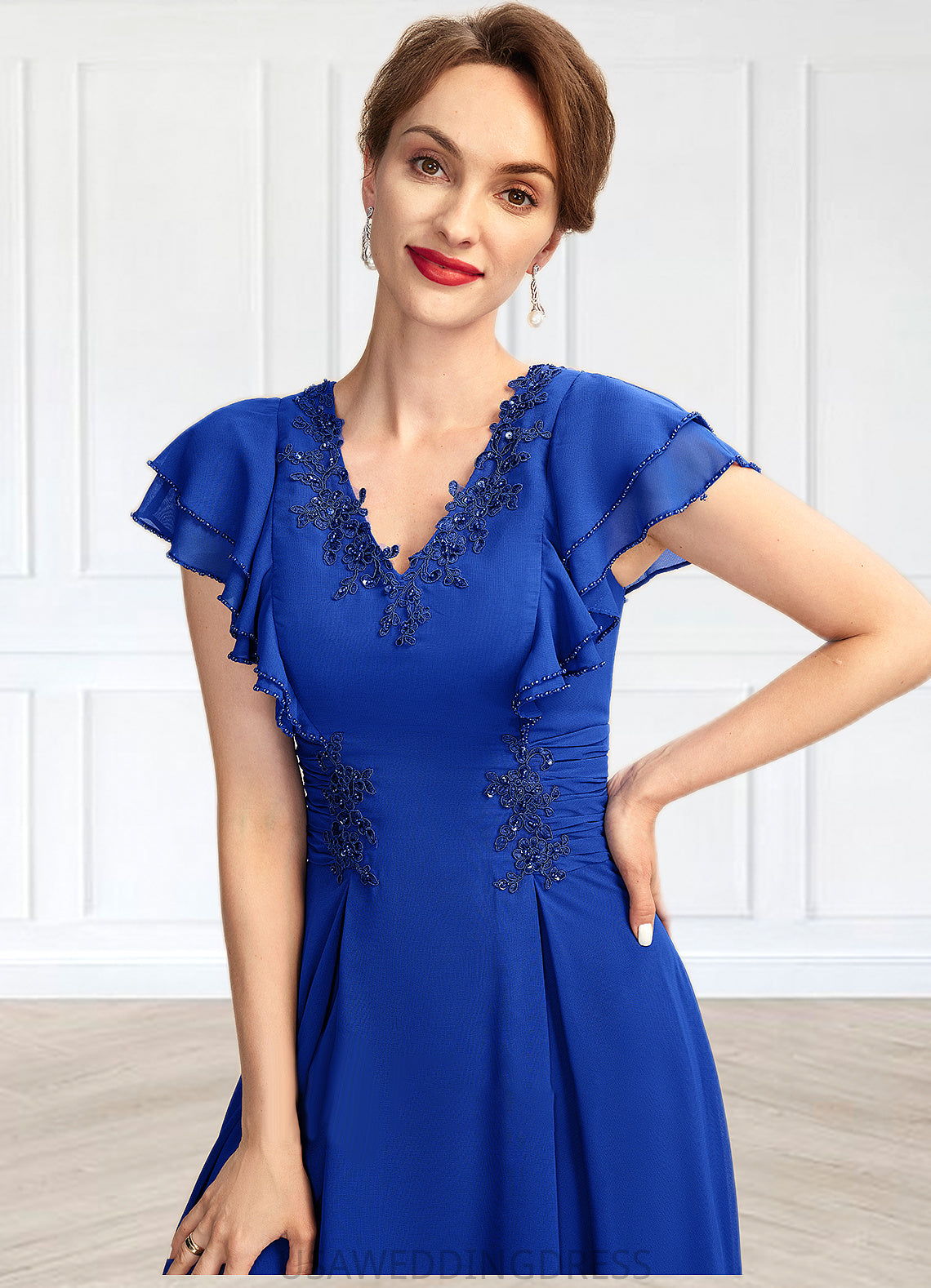 Jaylee A-Line V-neck Asymmetrical Chiffon Mother of the Bride Dress With Beading Appliques Lace Sequins Cascading Ruffles DS126P0014994