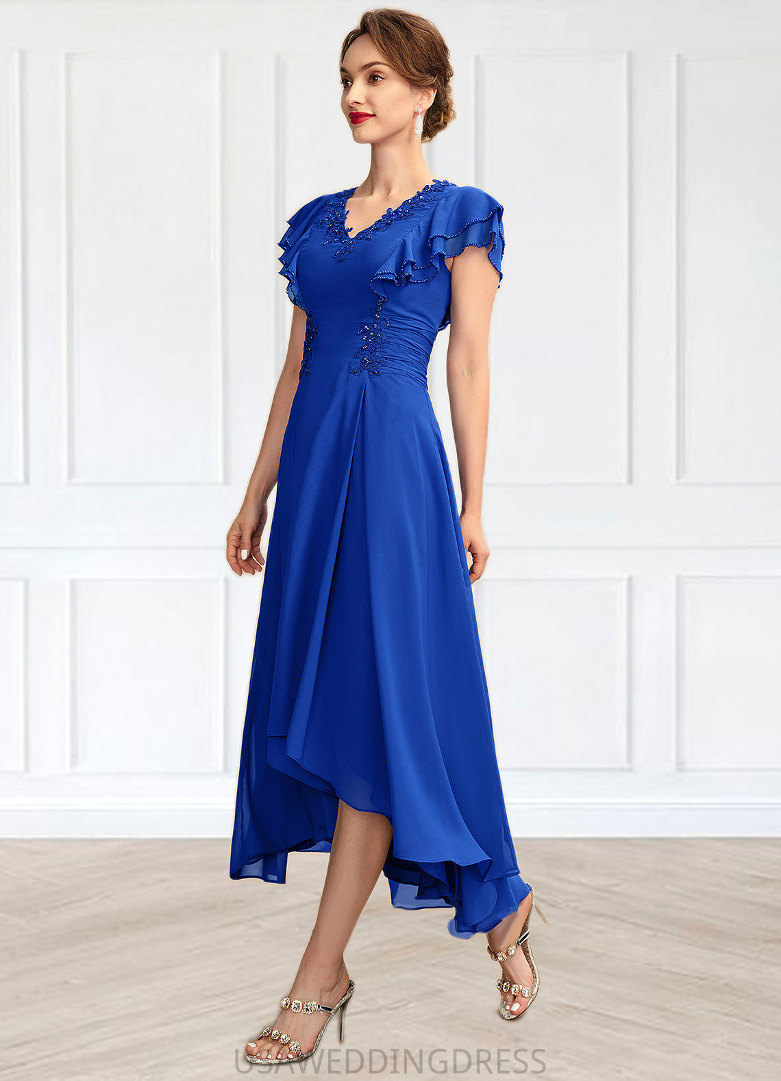 Jaylee A-Line V-neck Asymmetrical Chiffon Mother of the Bride Dress With Beading Appliques Lace Sequins Cascading Ruffles DS126P0014994
