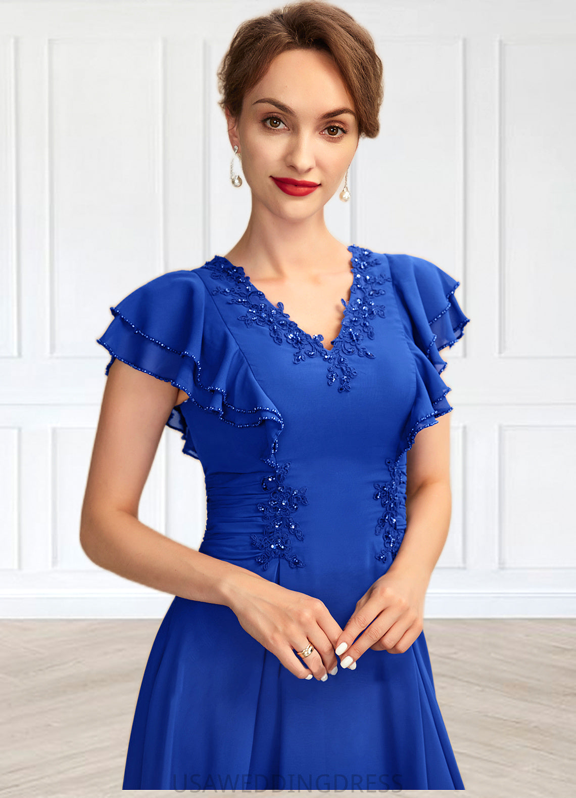 Jaylee A-Line V-neck Asymmetrical Chiffon Mother of the Bride Dress With Beading Appliques Lace Sequins Cascading Ruffles DS126P0014994