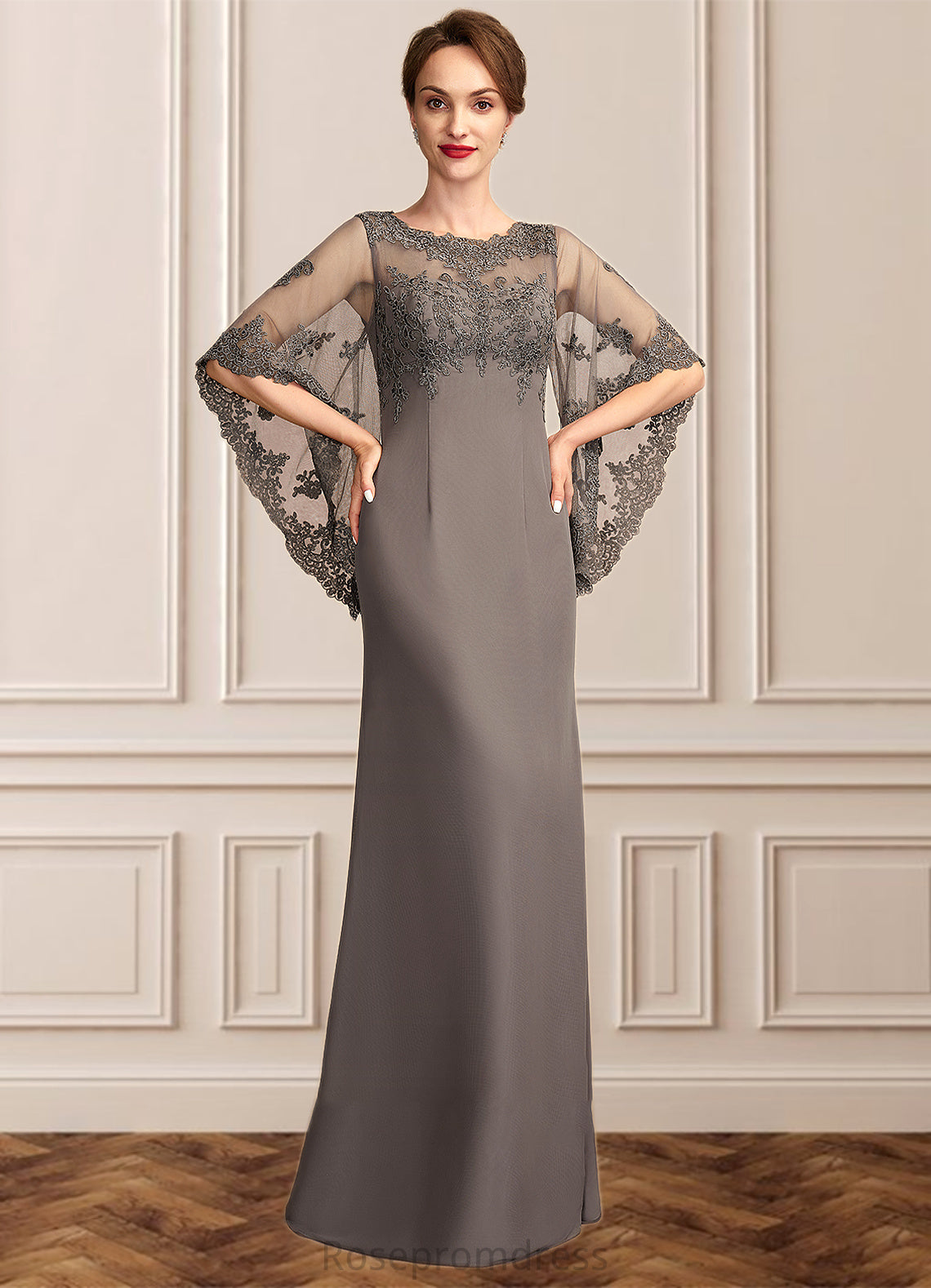 Miley Sheath/Column Scoop Neck Floor-Length Chiffon Lace Mother of the Bride Dress SRS126P0014996