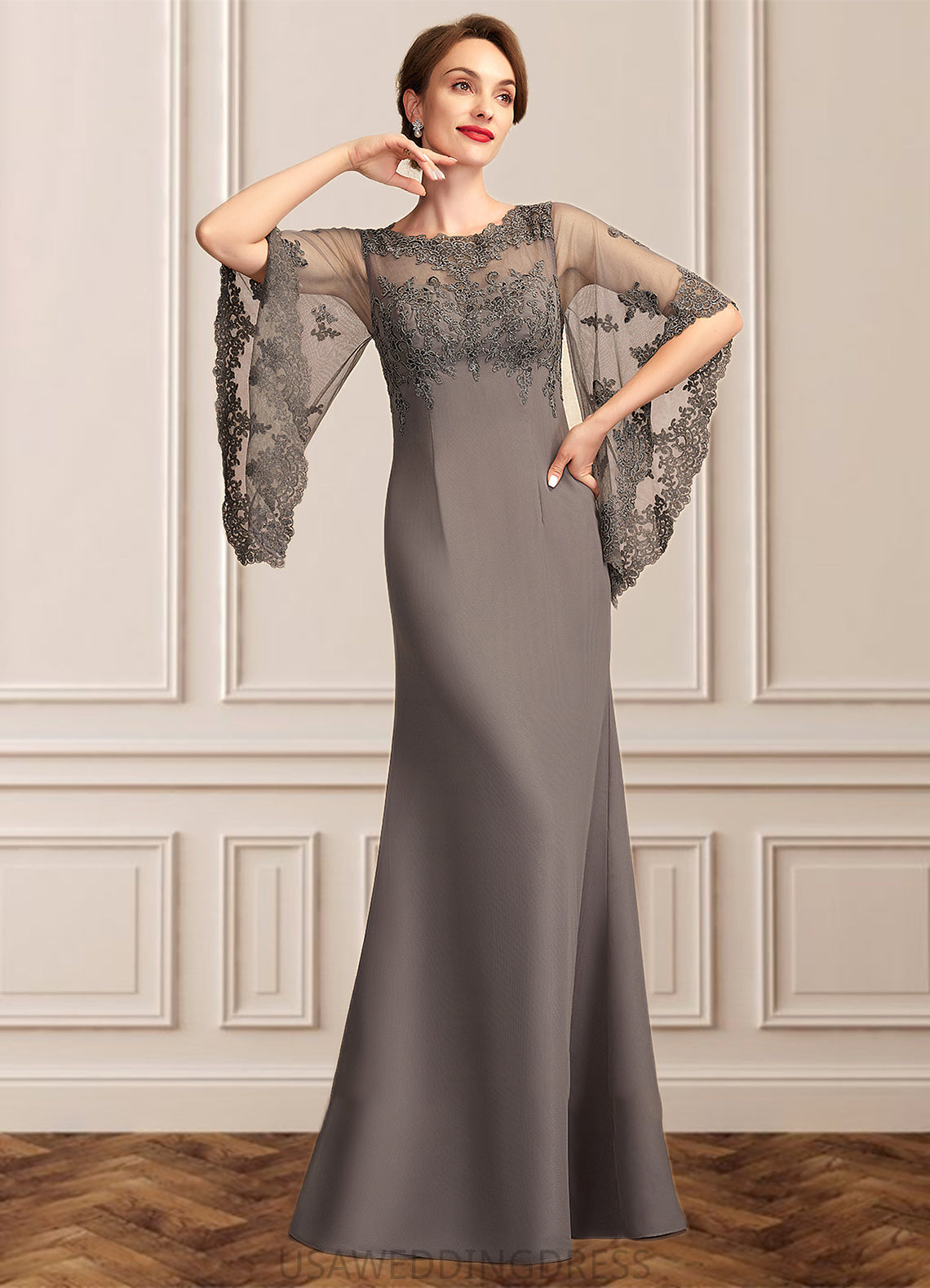 Emery Sheath/Column Scoop Neck Floor-Length Chiffon Lace Mother of the Bride Dress DS126P0014996