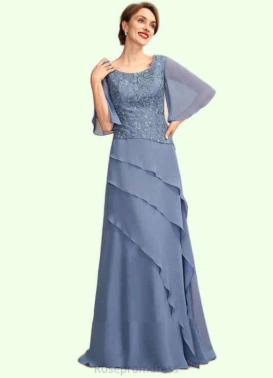 Jaidyn A-Line Scoop Neck Floor-Length Chiffon Lace Mother of the Bride Dress With Sequins Cascading Ruffles SRS126P0014997