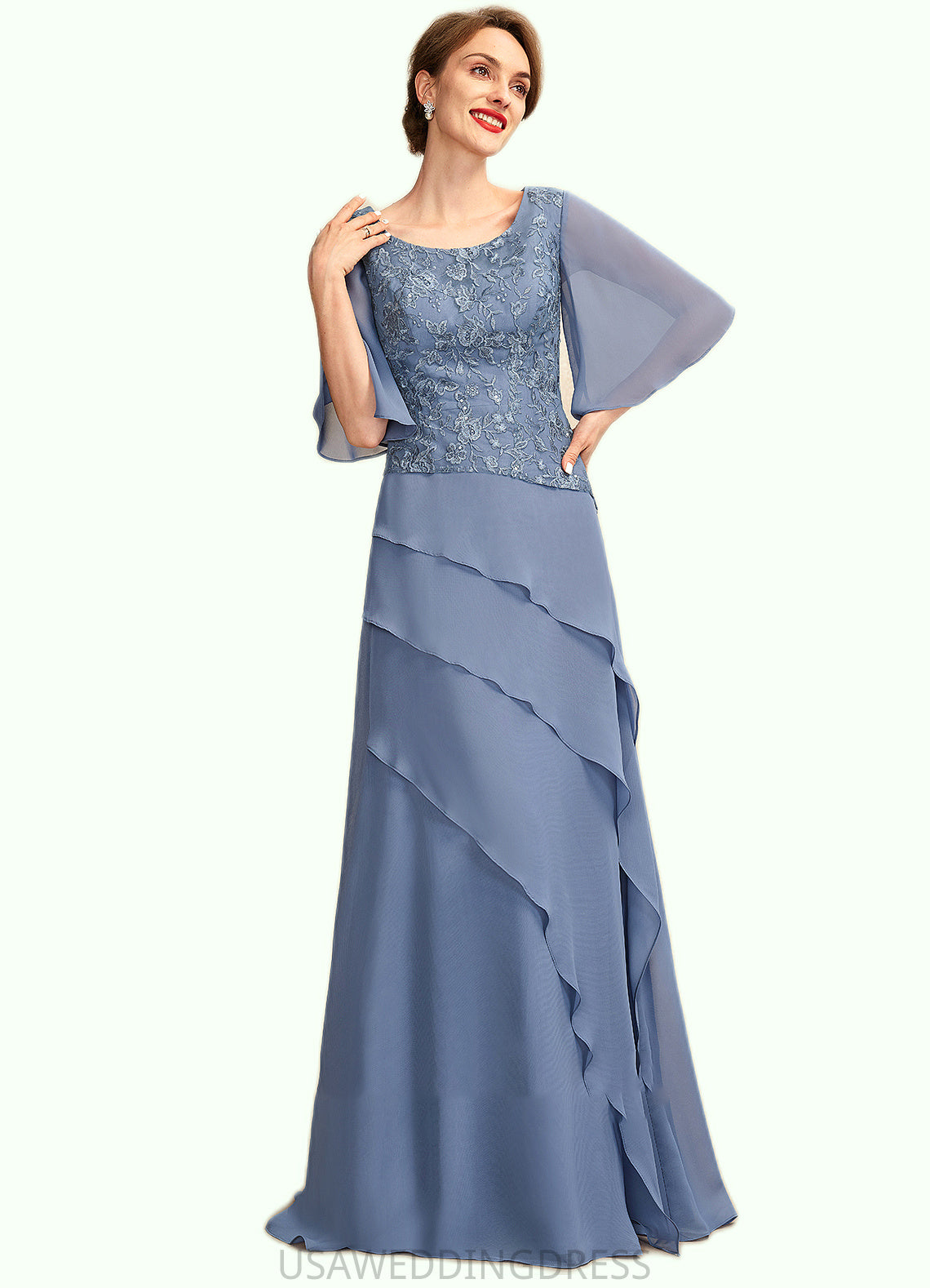 Zoe A-Line Scoop Neck Floor-Length Chiffon Lace Mother of the Bride Dress With Sequins Cascading Ruffles DS126P0014997