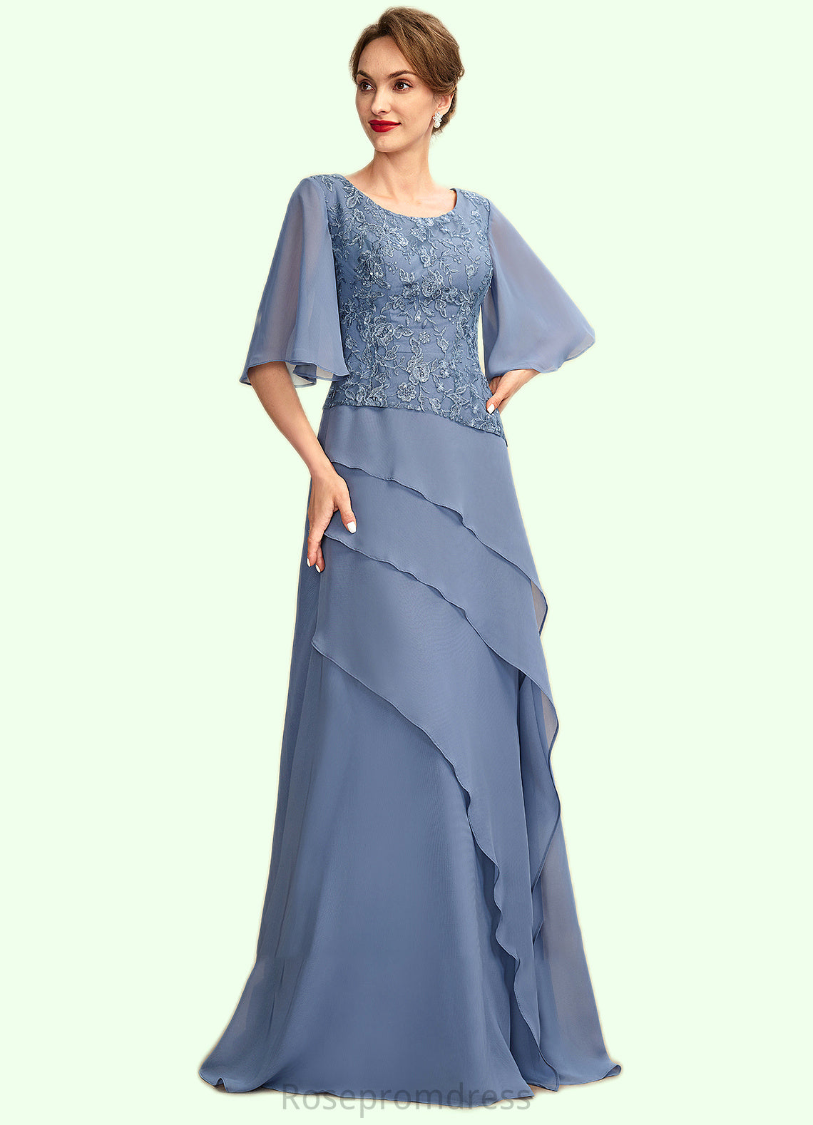 Jaidyn A-Line Scoop Neck Floor-Length Chiffon Lace Mother of the Bride Dress With Sequins Cascading Ruffles SRS126P0014997