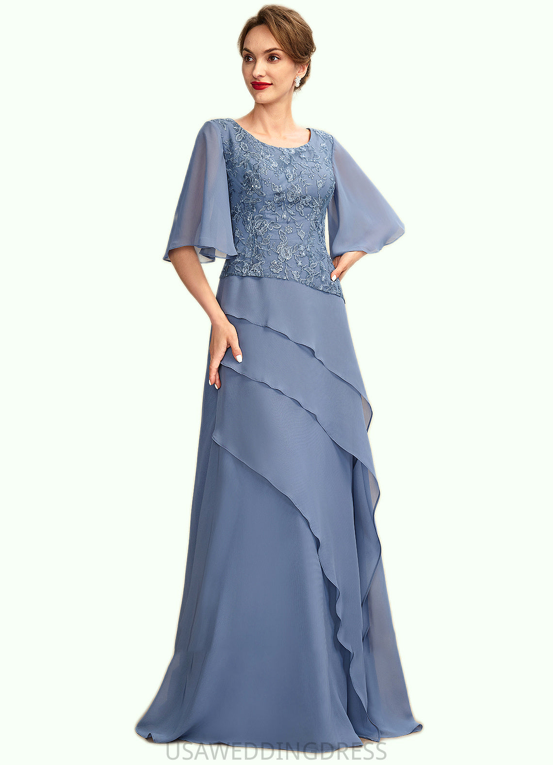Zoe A-Line Scoop Neck Floor-Length Chiffon Lace Mother of the Bride Dress With Sequins Cascading Ruffles DS126P0014997