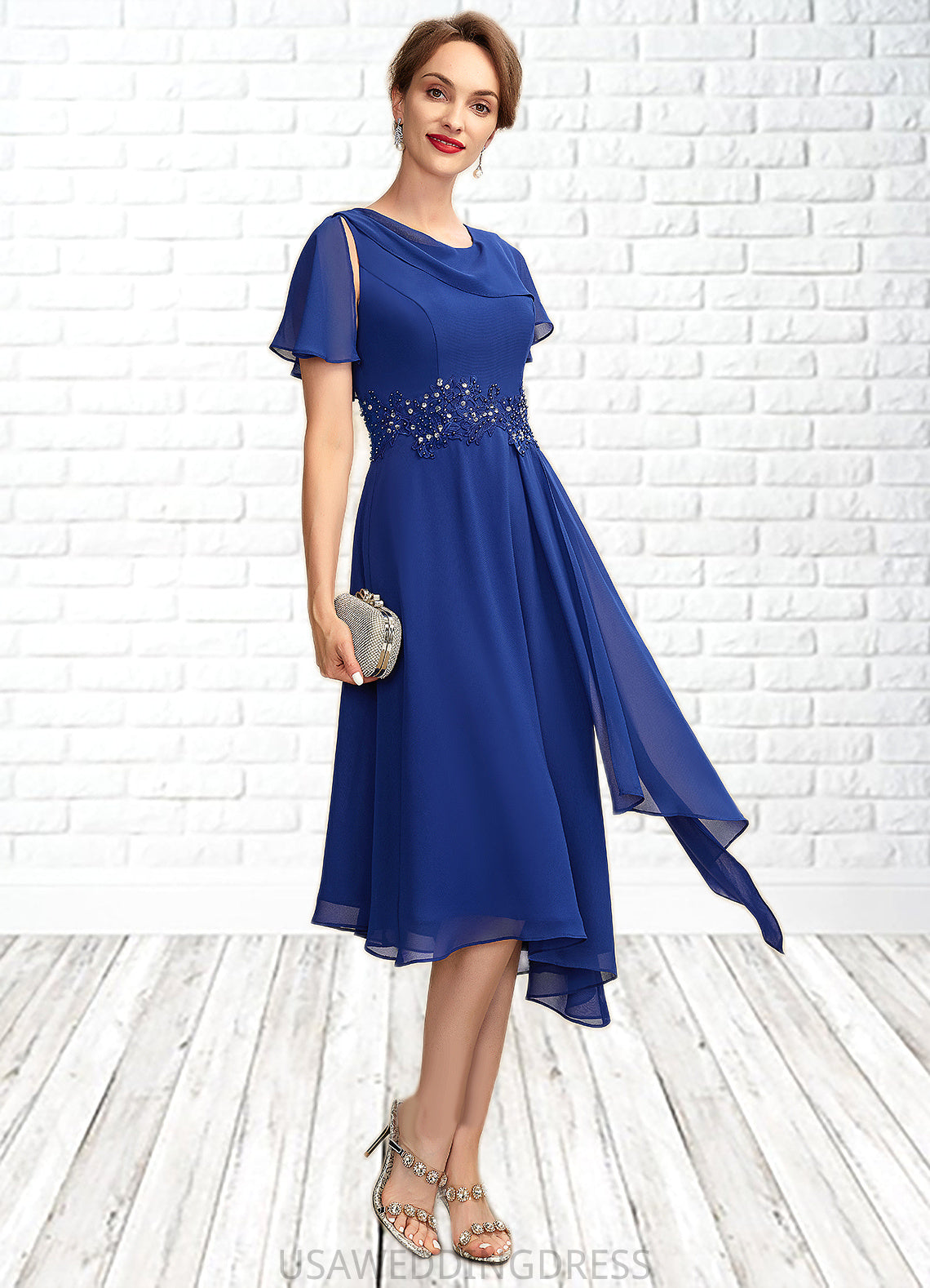 Yaretzi A-Line Scoop Neck Asymmetrical Chiffon Mother of the Bride Dress With Beading Appliques Lace Cascading Ruffles DS126P0014998