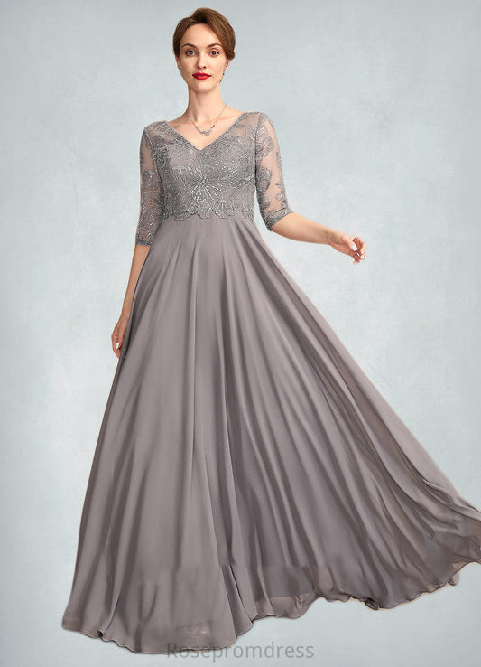 Genevieve A-Line V-neck Floor-Length Chiffon Lace Mother of the Bride Dress With Sequins SRS126P0014999