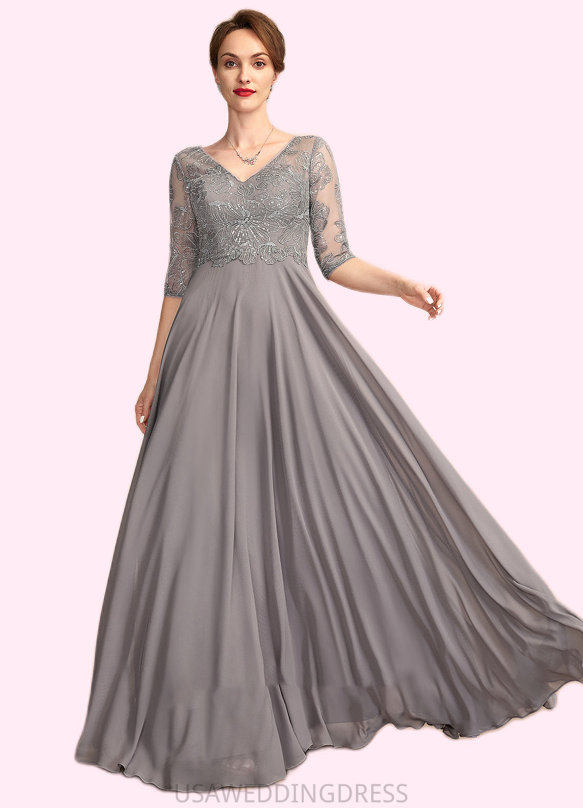 Crystal A-Line V-neck Floor-Length Chiffon Lace Mother of the Bride Dress With Sequins DS126P0014999