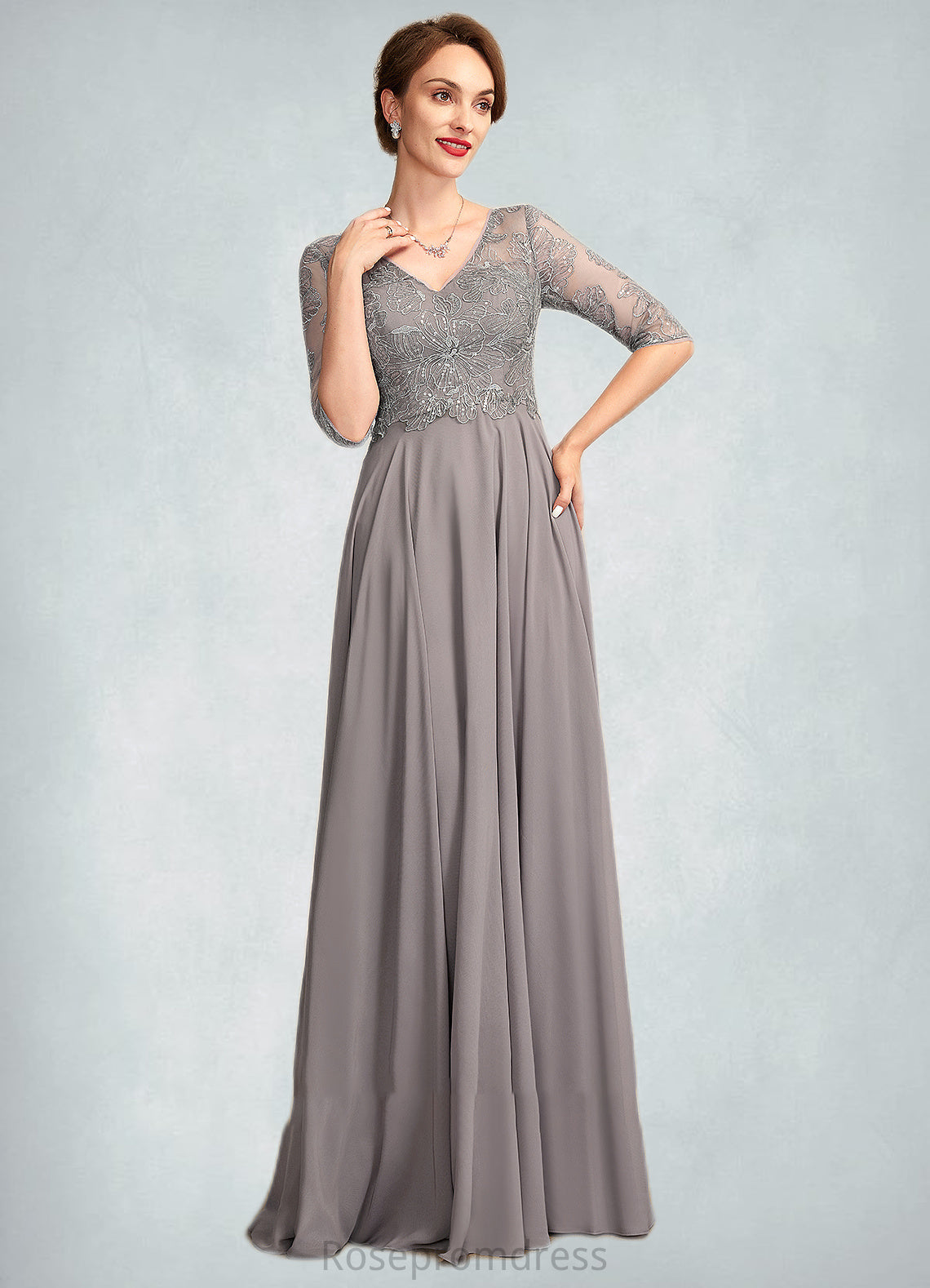 Genevieve A-Line V-neck Floor-Length Chiffon Lace Mother of the Bride Dress With Sequins SRS126P0014999