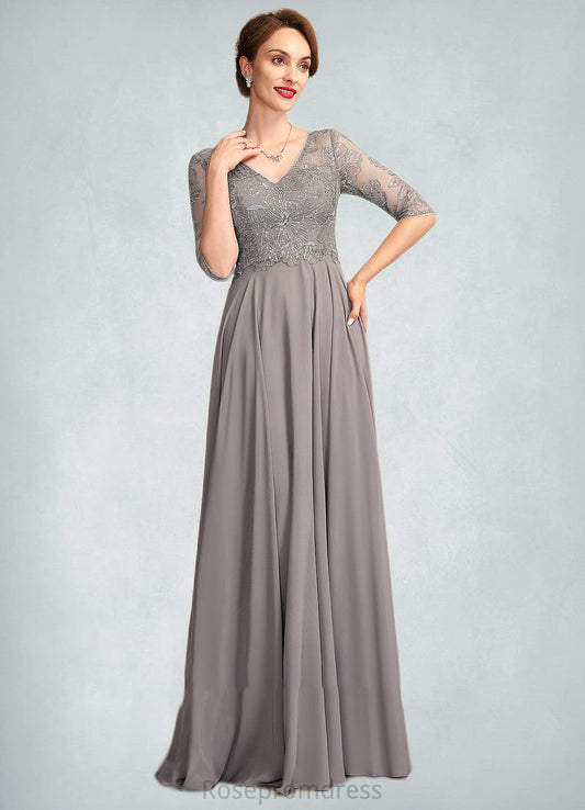 Genevieve A-Line V-neck Floor-Length Chiffon Lace Mother of the Bride Dress With Sequins SRS126P0014999