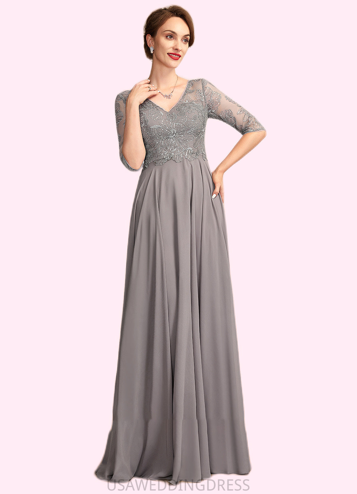Crystal A-Line V-neck Floor-Length Chiffon Lace Mother of the Bride Dress With Sequins DS126P0014999