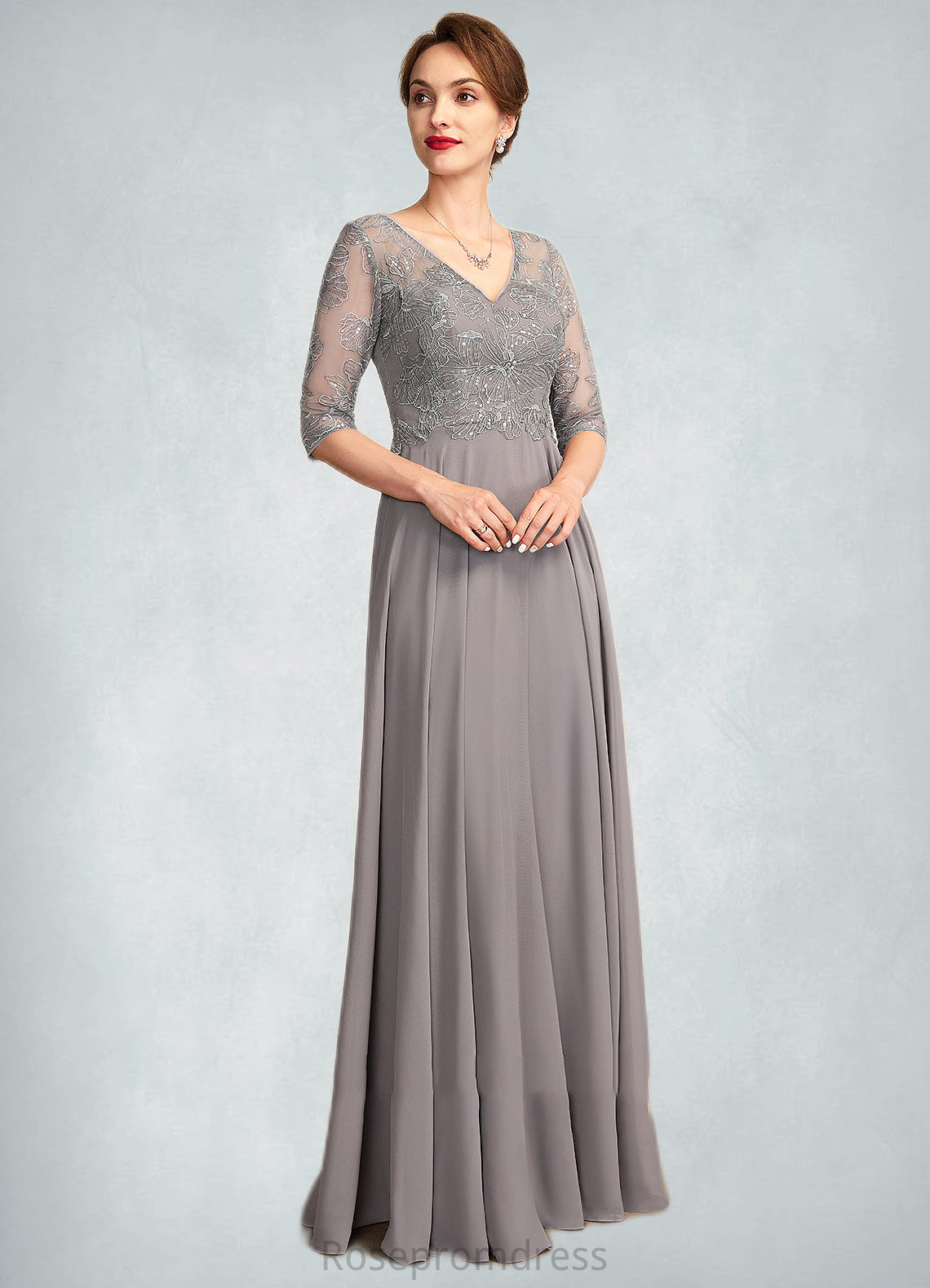 Genevieve A-Line V-neck Floor-Length Chiffon Lace Mother of the Bride Dress With Sequins SRS126P0014999