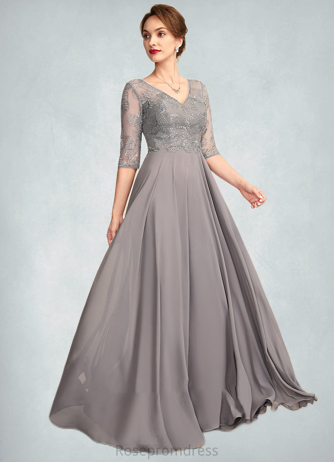 Genevieve A-Line V-neck Floor-Length Chiffon Lace Mother of the Bride Dress With Sequins SRS126P0014999