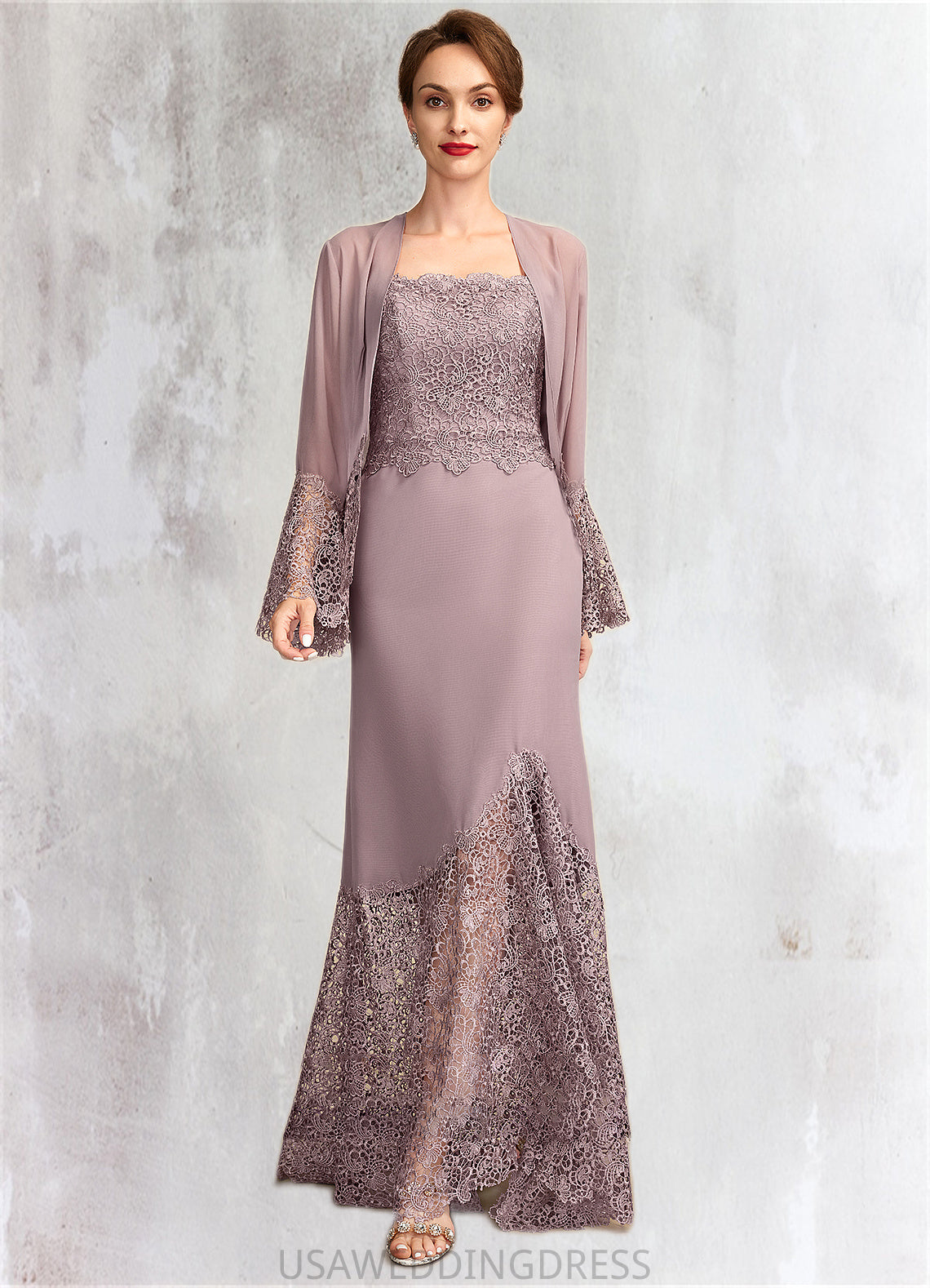 Kayleigh Trumpet/Mermaid Square Neckline Asymmetrical Chiffon Lace Mother of the Bride Dress DS126P0015001