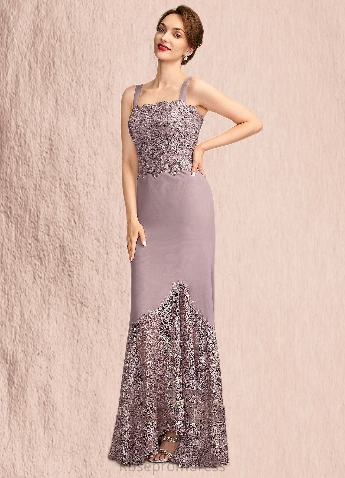 Hailey Trumpet/Mermaid Square Neckline Asymmetrical Chiffon Lace Mother of the Bride Dress SRS126P0015001