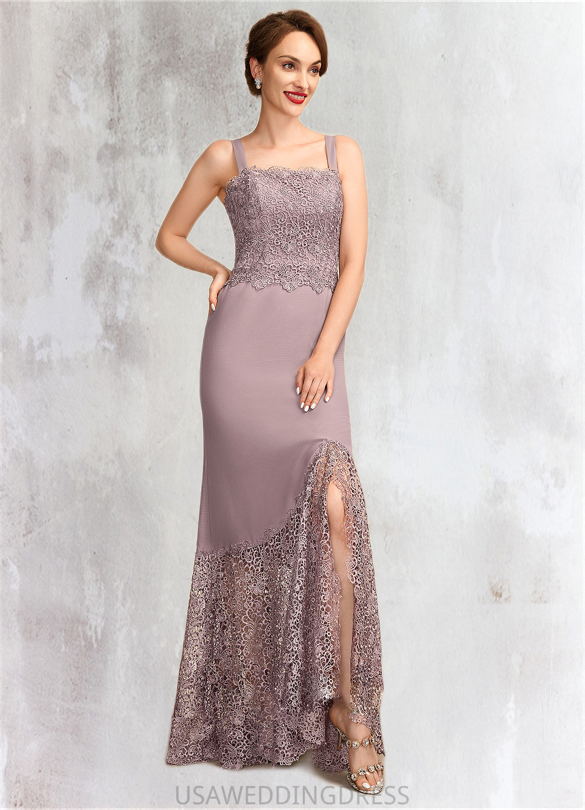 Kayleigh Trumpet/Mermaid Square Neckline Asymmetrical Chiffon Lace Mother of the Bride Dress DS126P0015001