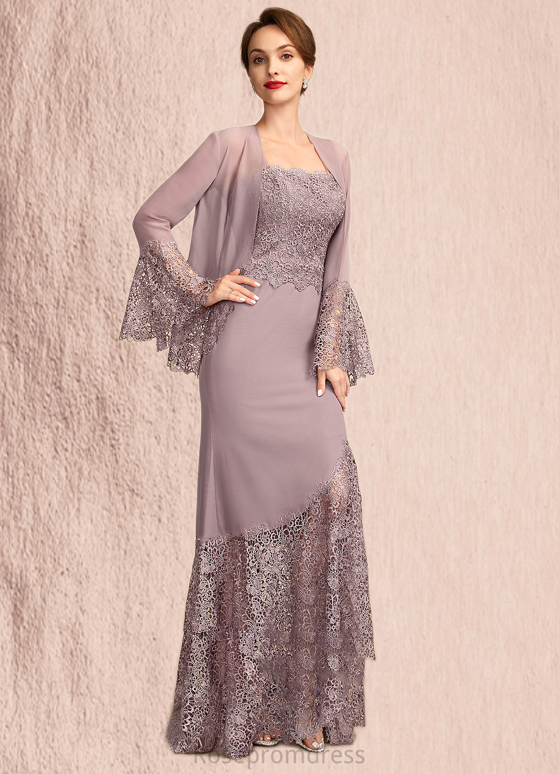 Hailey Trumpet/Mermaid Square Neckline Asymmetrical Chiffon Lace Mother of the Bride Dress SRS126P0015001