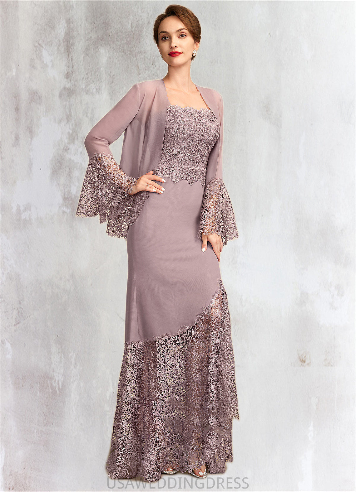Kayleigh Trumpet/Mermaid Square Neckline Asymmetrical Chiffon Lace Mother of the Bride Dress DS126P0015001