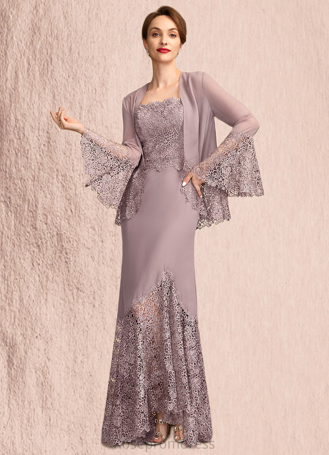 Hailey Trumpet/Mermaid Square Neckline Asymmetrical Chiffon Lace Mother of the Bride Dress SRS126P0015001