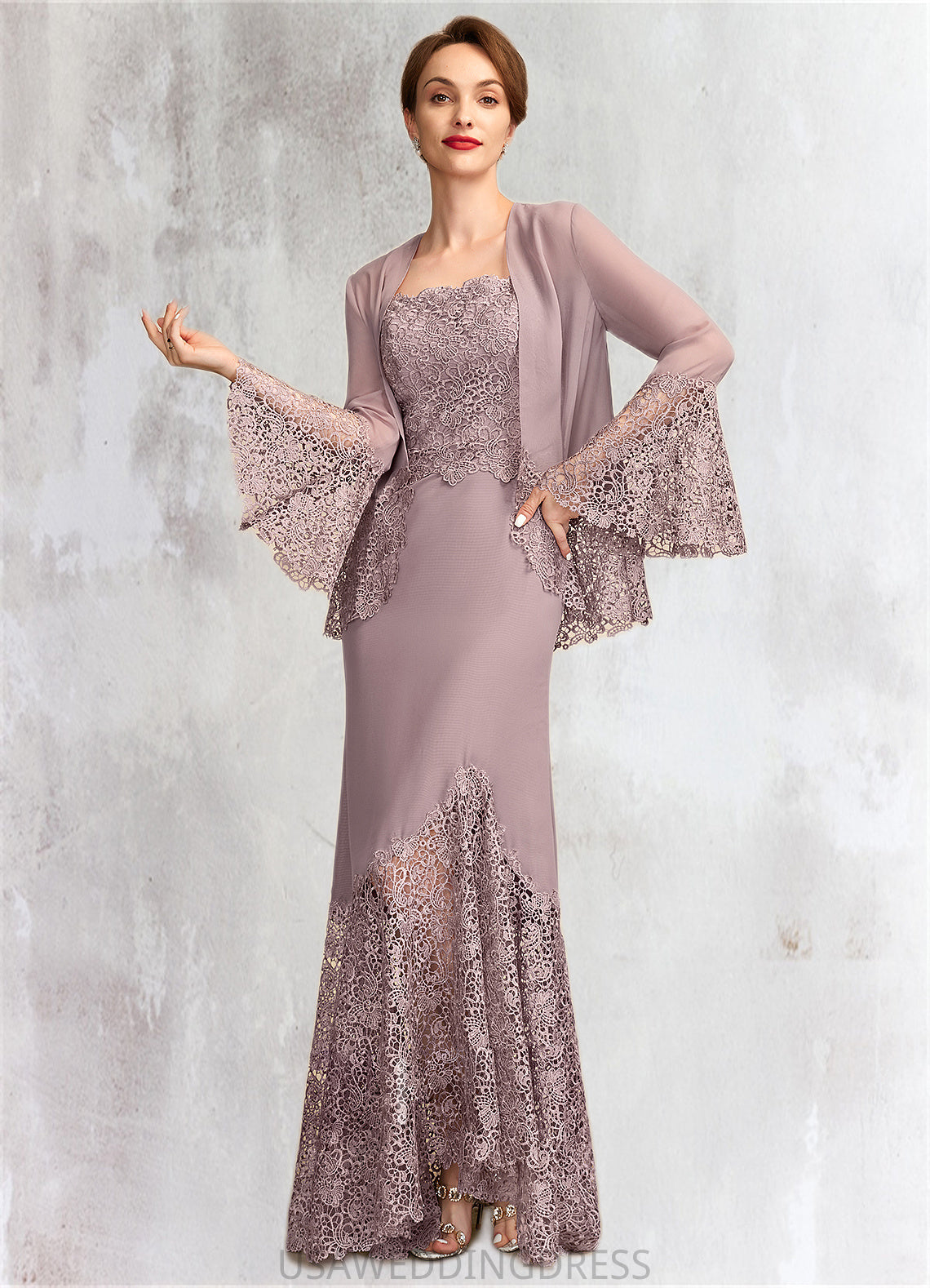 Kayleigh Trumpet/Mermaid Square Neckline Asymmetrical Chiffon Lace Mother of the Bride Dress DS126P0015001