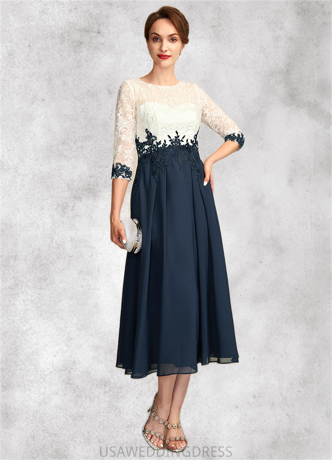 Leah A-Line Scoop Neck Tea-Length Chiffon Lace Mother of the Bride Dress DS126P0015002