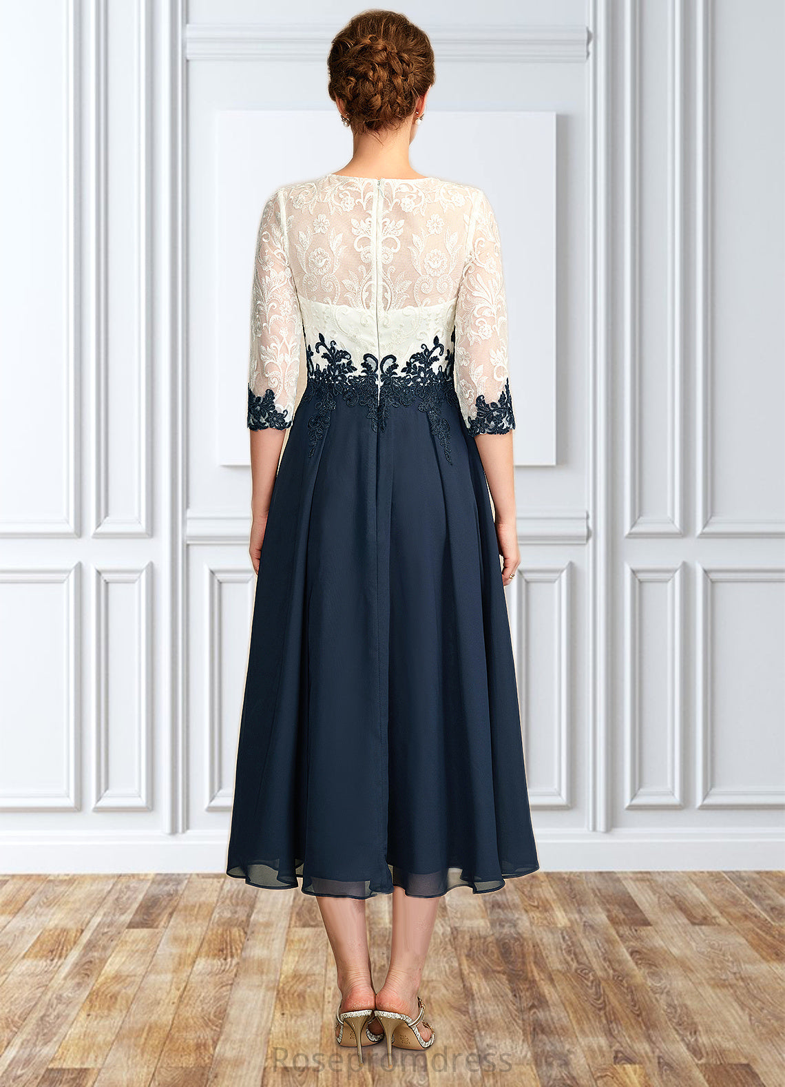 Grace A-Line Scoop Neck Tea-Length Chiffon Lace Mother of the Bride Dress SRS126P0015002