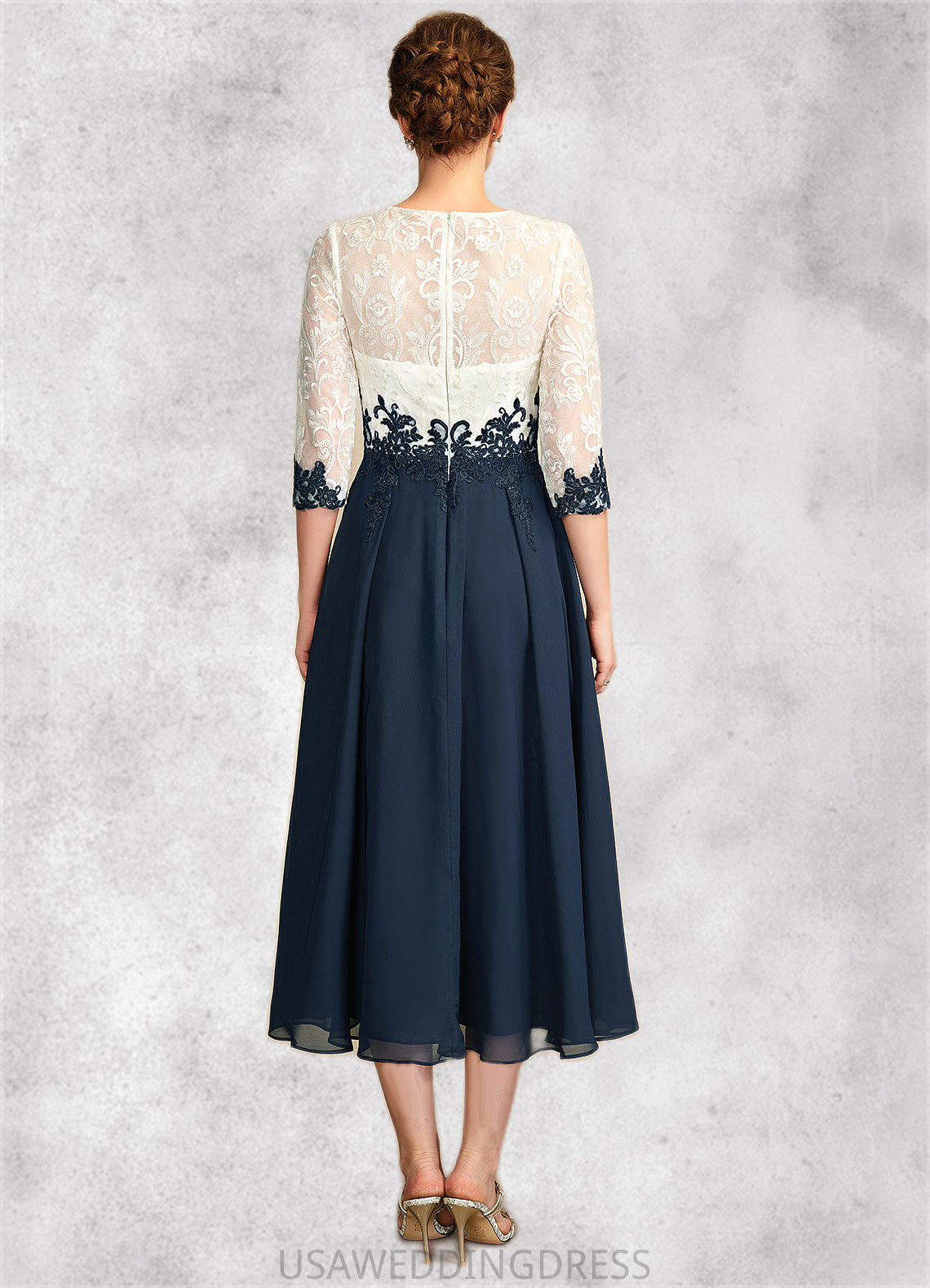 Leah A-Line Scoop Neck Tea-Length Chiffon Lace Mother of the Bride Dress DS126P0015002