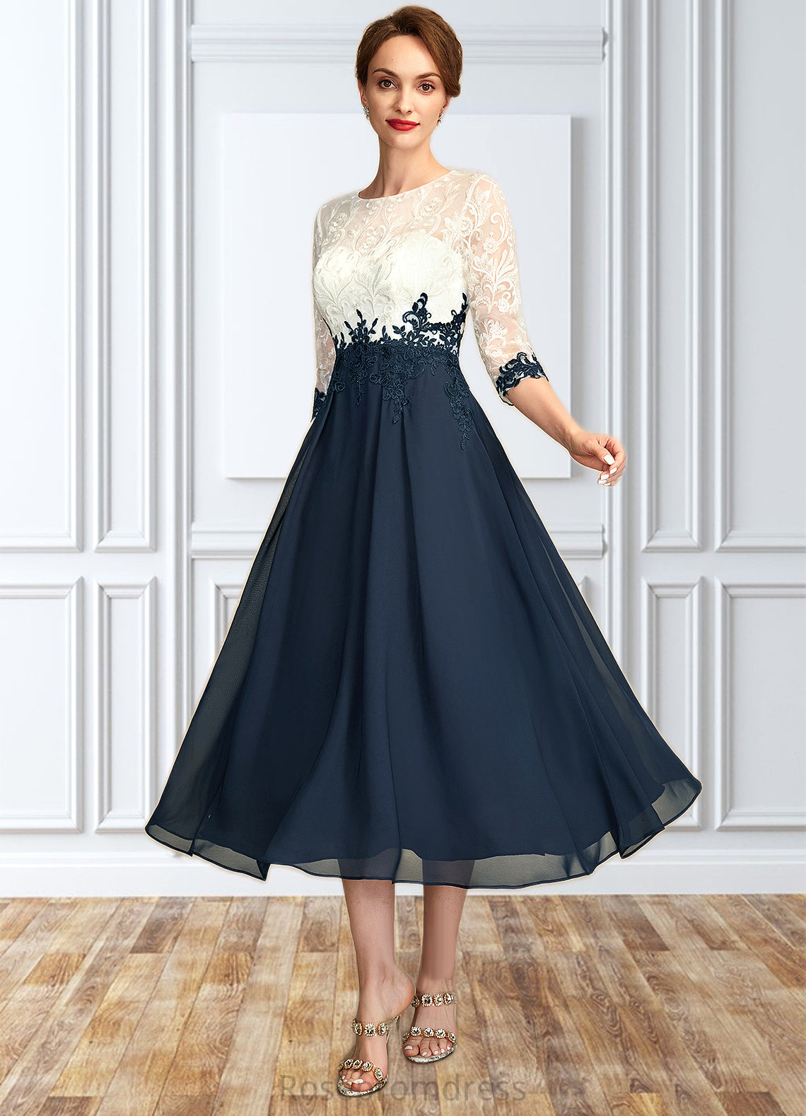 Grace A-Line Scoop Neck Tea-Length Chiffon Lace Mother of the Bride Dress SRS126P0015002