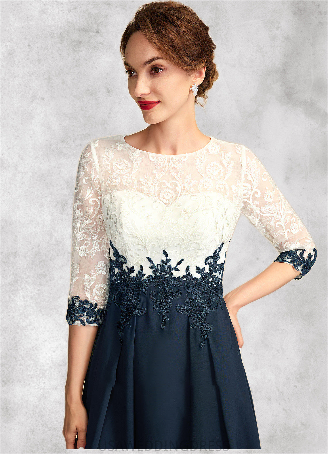 Leah A-Line Scoop Neck Tea-Length Chiffon Lace Mother of the Bride Dress DS126P0015002