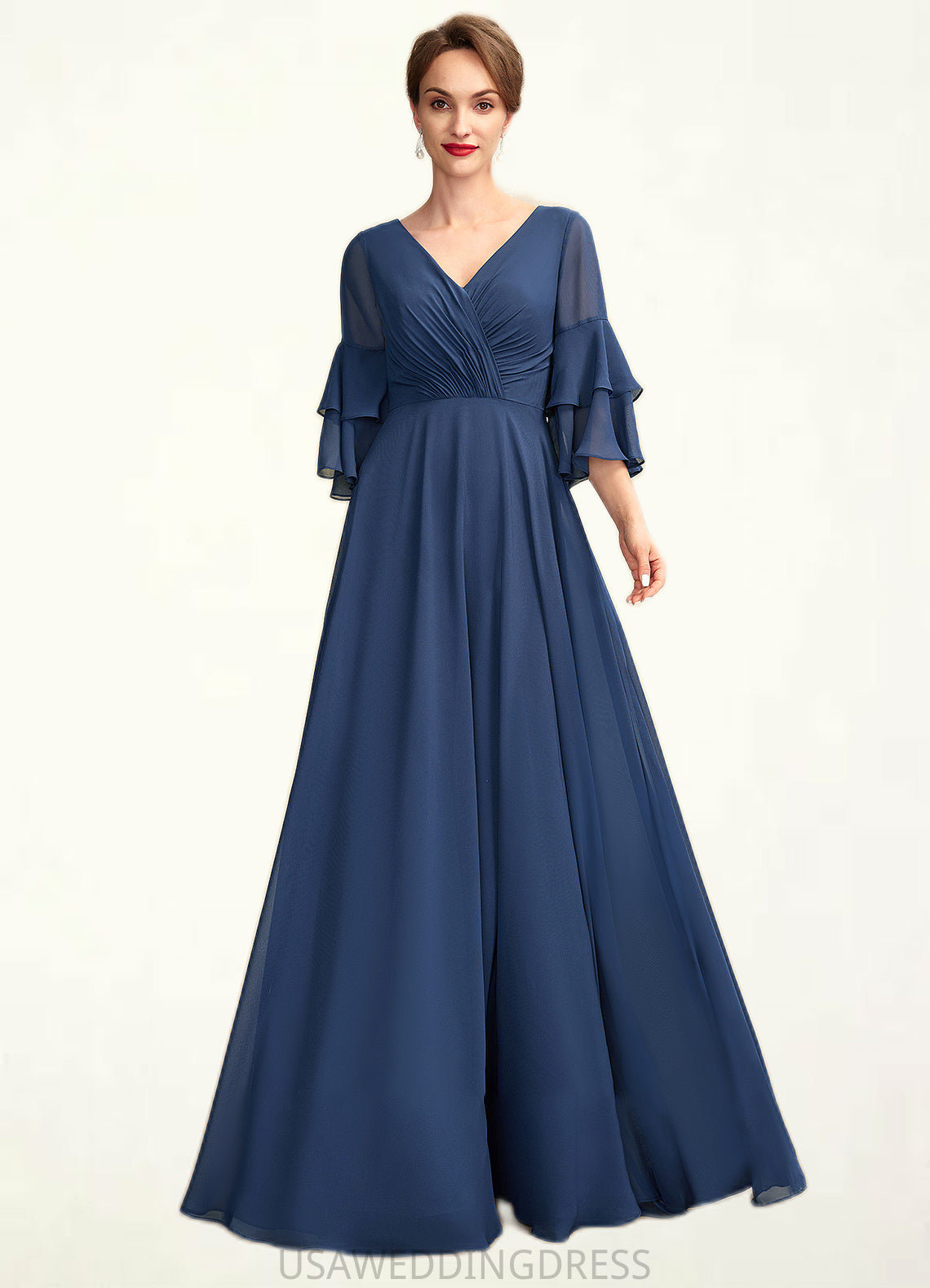 Jaliyah A-Line V-neck Floor-Length Chiffon Mother of the Bride Dress With Cascading Ruffles DS126P0015003