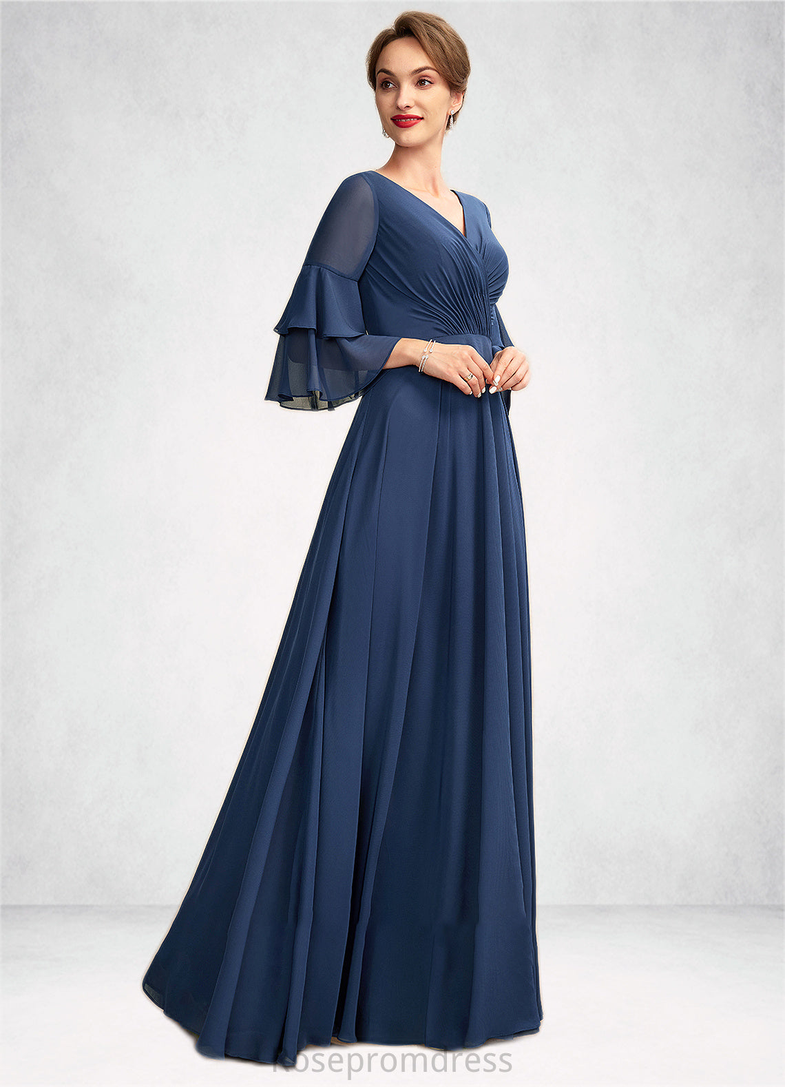 Viola A-Line V-neck Floor-Length Chiffon Mother of the Bride Dress With Cascading Ruffles SRS126P0015003
