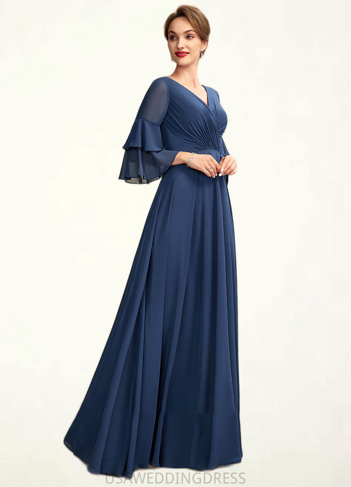 Jaliyah A-Line V-neck Floor-Length Chiffon Mother of the Bride Dress With Cascading Ruffles DS126P0015003