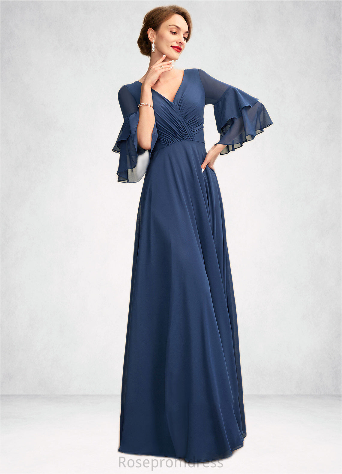 Viola A-Line V-neck Floor-Length Chiffon Mother of the Bride Dress With Cascading Ruffles SRS126P0015003