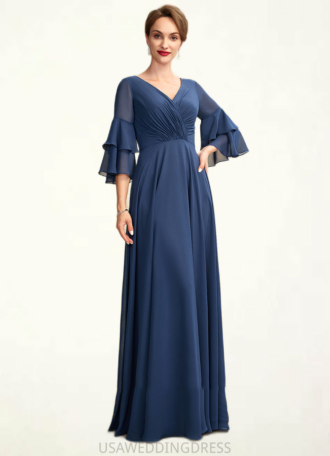 Jaliyah A-Line V-neck Floor-Length Chiffon Mother of the Bride Dress With Cascading Ruffles DS126P0015003