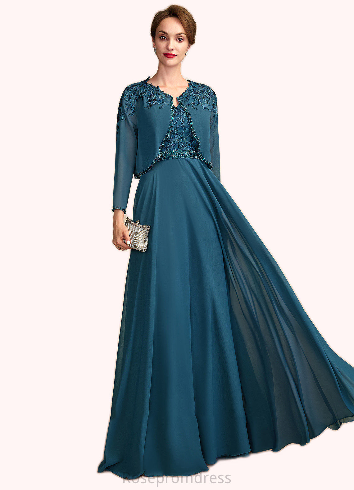 Clara A-Line V-neck Floor-Length Chiffon Lace Mother of the Bride Dress With Beading Sequins SRS126P0015004