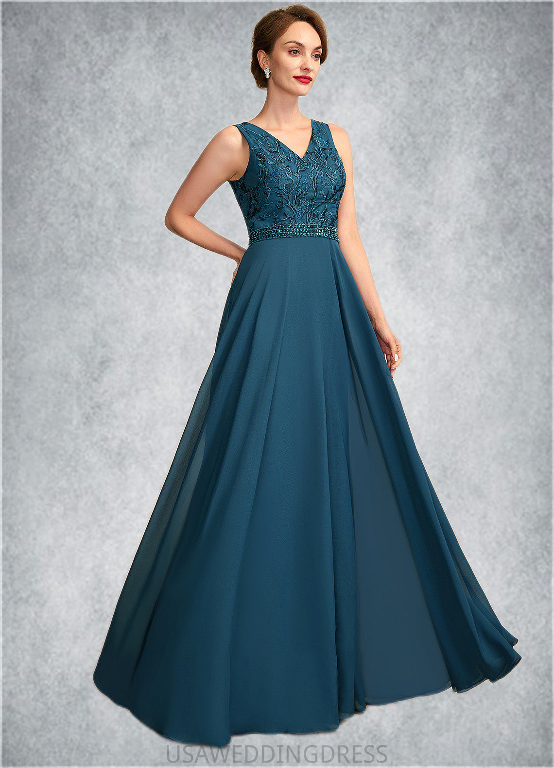 Kaliyah A-Line V-neck Floor-Length Chiffon Lace Mother of the Bride Dress With Beading Sequins DS126P0015004