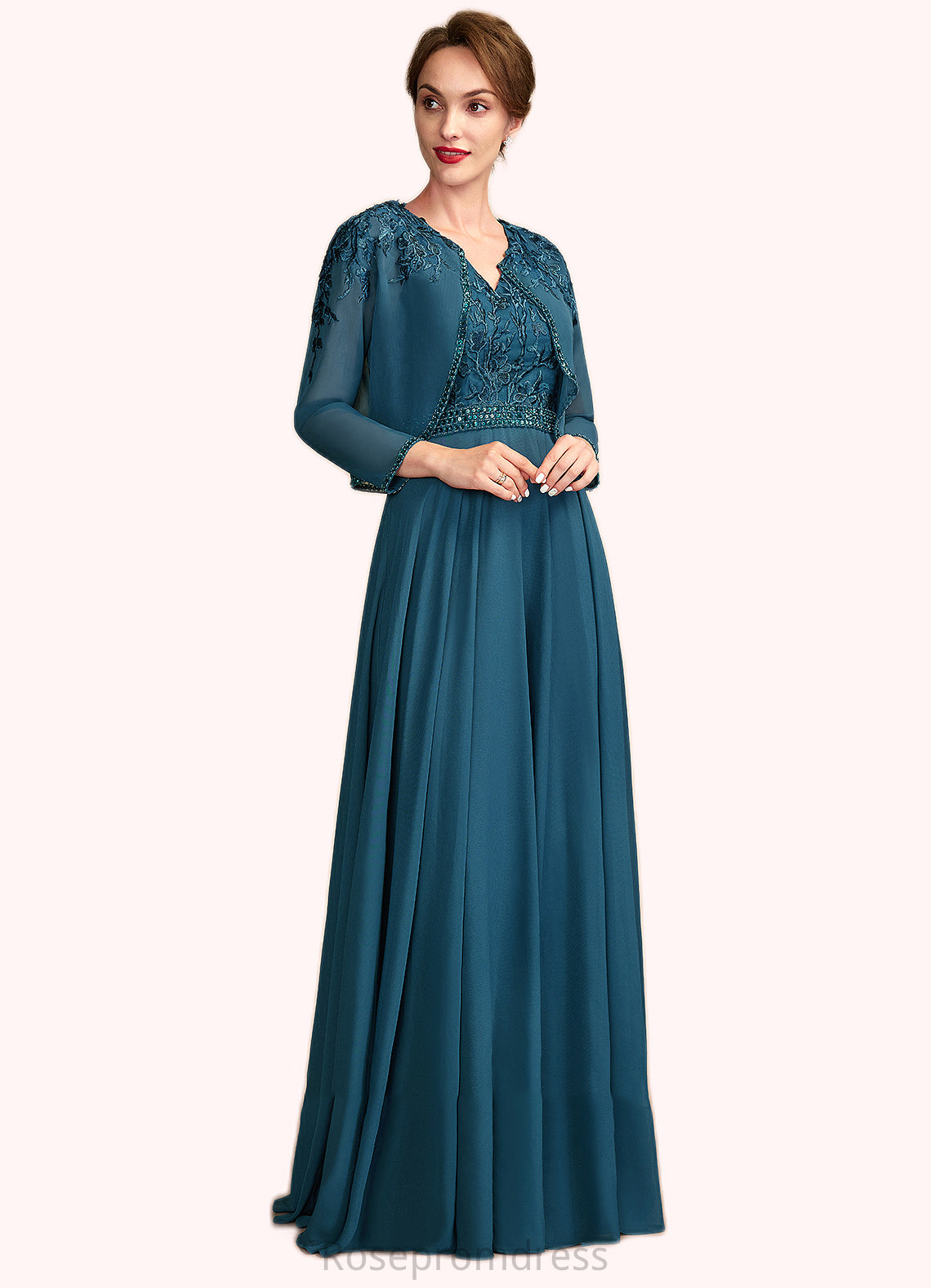 Clara A-Line V-neck Floor-Length Chiffon Lace Mother of the Bride Dress With Beading Sequins SRS126P0015004
