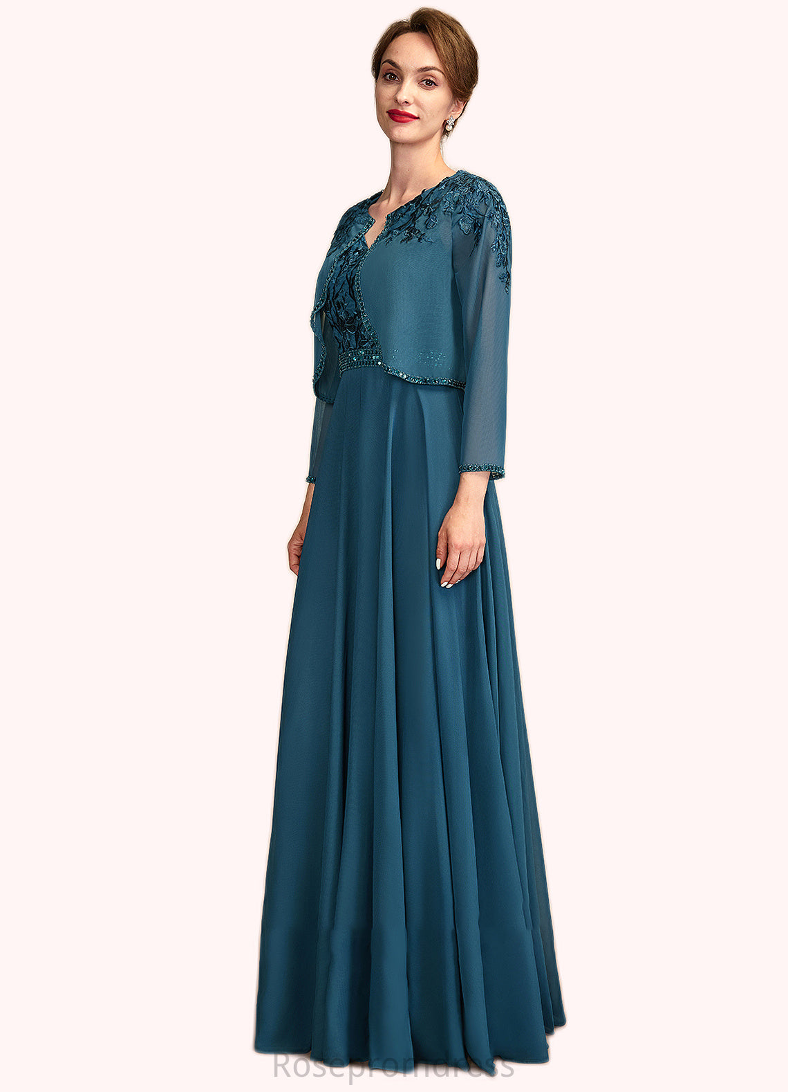 Clara A-Line V-neck Floor-Length Chiffon Lace Mother of the Bride Dress With Beading Sequins SRS126P0015004