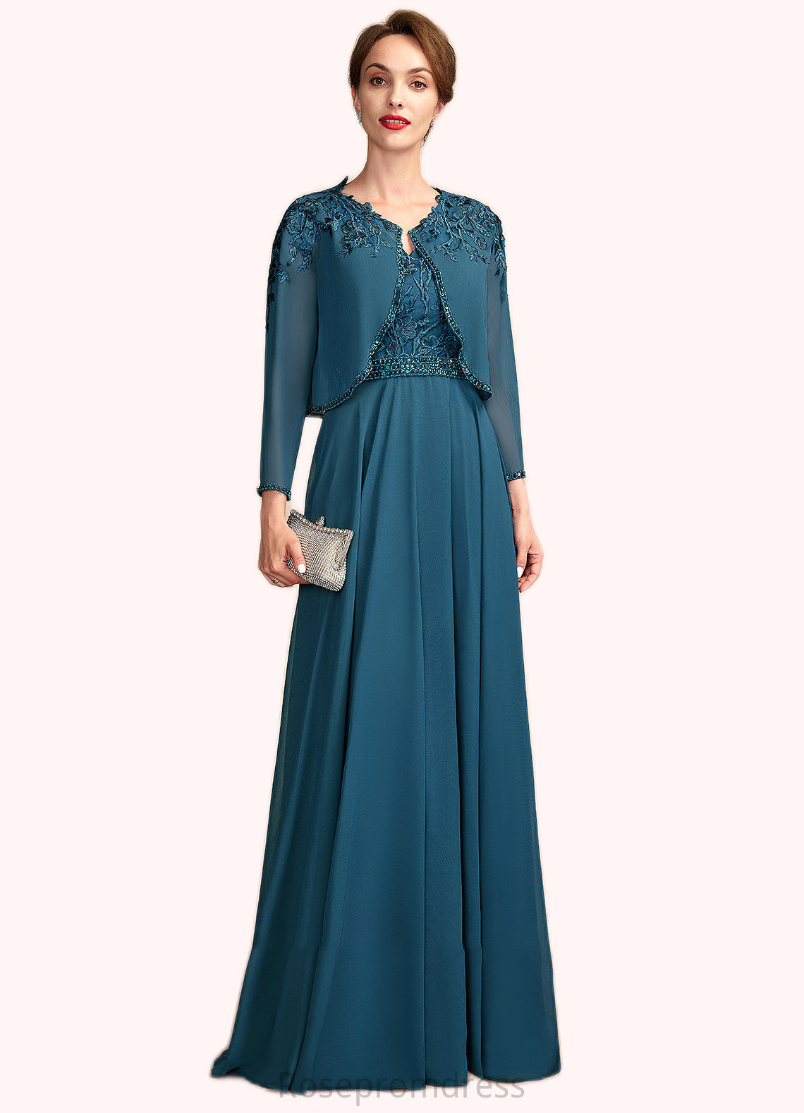 Clara A-Line V-neck Floor-Length Chiffon Lace Mother of the Bride Dress With Beading Sequins SRS126P0015004