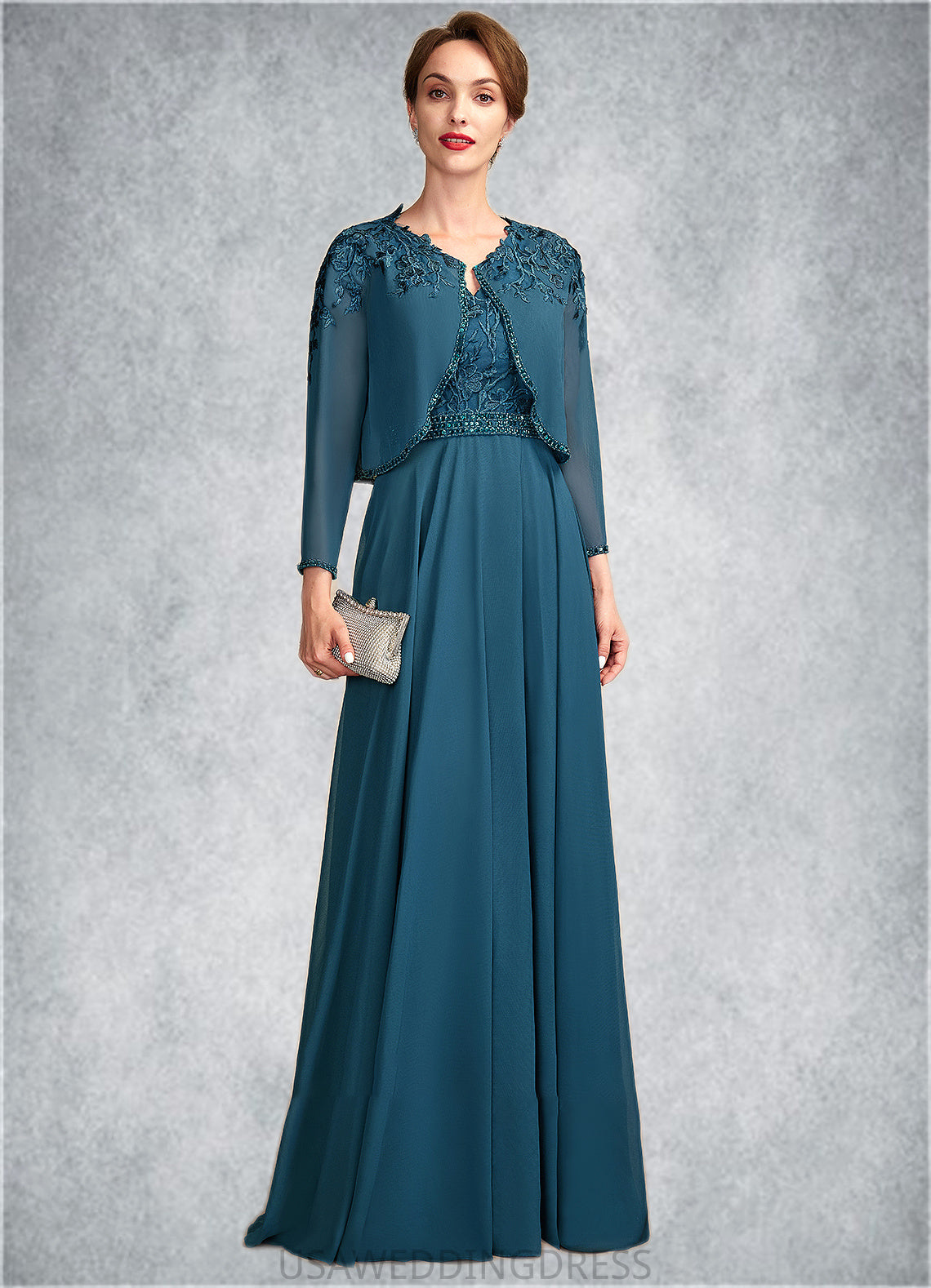 Kaliyah A-Line V-neck Floor-Length Chiffon Lace Mother of the Bride Dress With Beading Sequins DS126P0015004