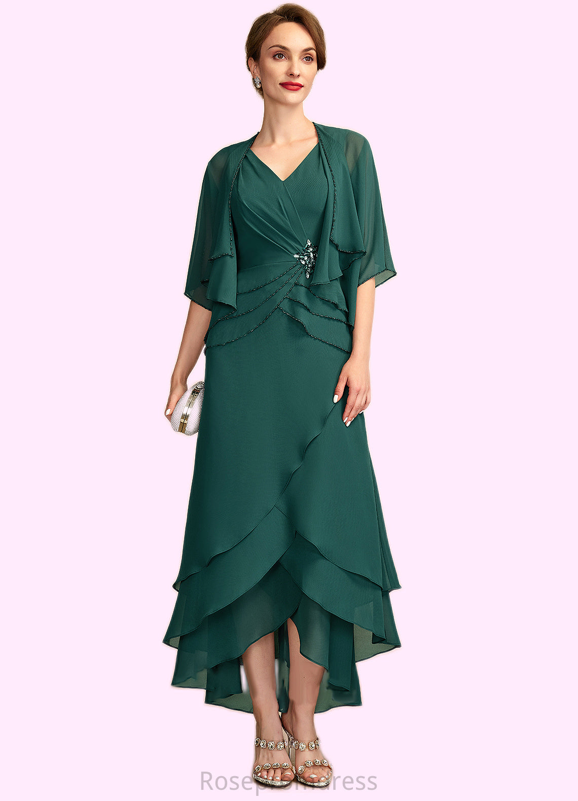 Madelyn A-Line V-neck Asymmetrical Chiffon Mother of the Bride Dress With Beading Sequins Cascading Ruffles SRS126P0015005