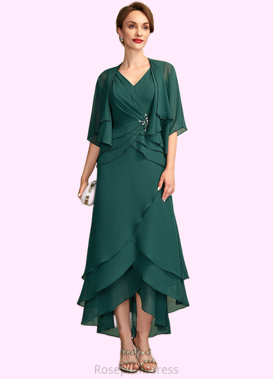 Madelyn A-Line V-neck Asymmetrical Chiffon Mother of the Bride Dress With Beading Sequins Cascading Ruffles SRS126P0015005