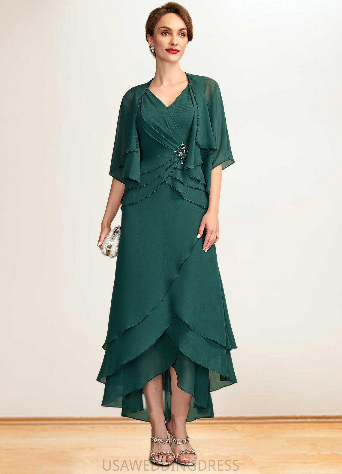 Kara A-Line V-neck Asymmetrical Chiffon Mother of the Bride Dress With Beading Sequins Cascading Ruffles DS126P0015005