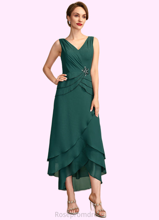 Madelyn A-Line V-neck Asymmetrical Chiffon Mother of the Bride Dress With Beading Sequins Cascading Ruffles SRS126P0015005