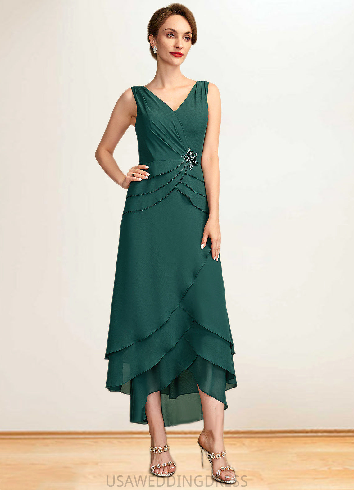 Kara A-Line V-neck Asymmetrical Chiffon Mother of the Bride Dress With Beading Sequins Cascading Ruffles DS126P0015005