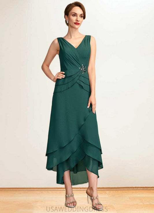 Kara A-Line V-neck Asymmetrical Chiffon Mother of the Bride Dress With Beading Sequins Cascading Ruffles DS126P0015005
